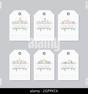 Ensemble de modèles d'étiquettes ou d'insignes de Noël et de nouvel an prêts à l'emploi. Bonhomme de neige, bougie, jarret, branches de pin avec Strobiles et feuille de Holly dessinées à la main Illustration de Vecteur