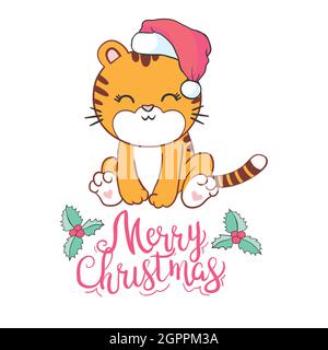 Joli tigre vectoriel - père noël avec un chapeau rouge. Bonne Année. Illustration de Vecteur