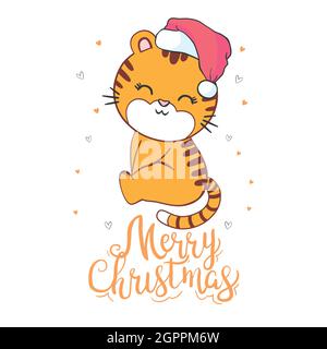 Joli tigre vectoriel - père noël avec un chapeau rouge. Bonne Année. Illustration de Vecteur