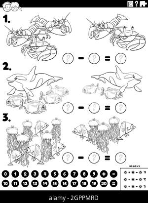 soustraction de tâche éducative avec animaux marins page de livre de couleurs Illustration de Vecteur