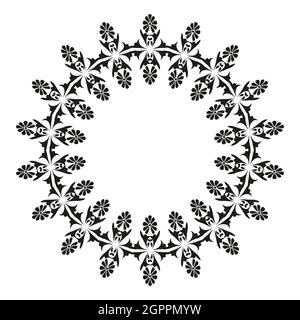 Bordure arrondie à motifs. Motif damassé rond avec place pour le texte. Cadre fleuri. Noir et blanc. Ornement pour la décoration des cartes et des invitations. Illustration de Vecteur