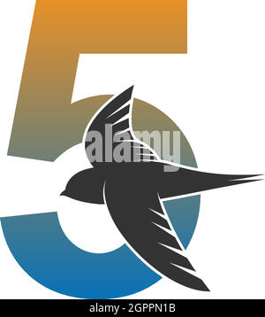 Logo numéro 5 avec vecteur de dessin d'icône représentant un oiseau SWIFT Illustration de Vecteur