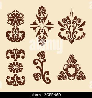 Décorations vintage pour la peinture de fleur. Motif Mehndi. Motifs damassé. Marron, beige. Pour la conception de mur, menus, invitations de mariage ou Illustration de Vecteur