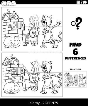 jeux de différences avec la page de livre de coloriage de chats de dessin animé Illustration de Vecteur