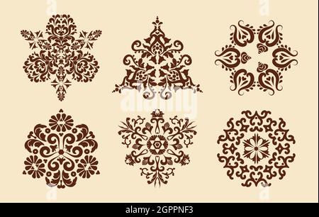 Ensemble de six modèles de mandalas. Motif Mehndi. Texture décorative. Marron, beige. Pour la conception de mur, menus, invitations de mariage ou étiquettes Illustration de Vecteur