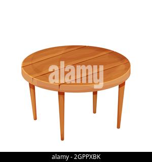 Table rustique ronde en bois de style dessin animé isolée sur fond blanc. Mobilier texturé, petite table basse. Objet vintage. Illustration vectorielle Illustration de Vecteur