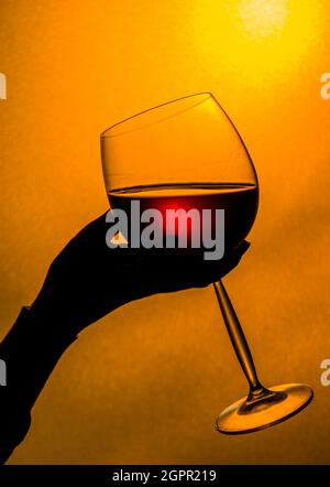 Boire le vin rouge au coucher du soleil. Femme main tenant un verre de vin rouge. Banque D'Images