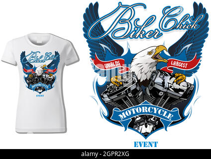 T-shirt Design pour Biker Chick avec Eagle et Engine Illustration de Vecteur