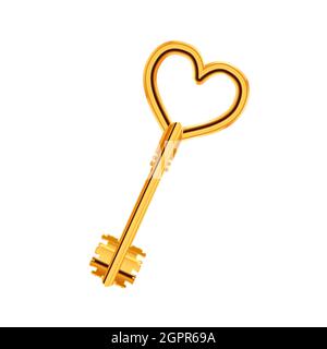 Clé de porte antique brillante vintage dorée en forme de coeur isolée sur blanc Illustration de Vecteur