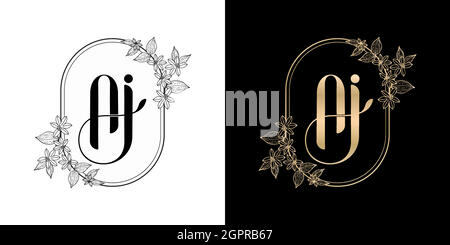 Illustration du cadre floral pour AJ ou ai lettre initiale et nom graphique, Monogram, pour couple de mariage symbolique, entreprise et icône affaires, avec deux couleurs variation dessins monochrome et or. Illustration de Vecteur