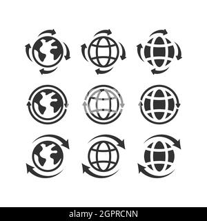 Globe planète avec flèches vecteur noir ensemble d'icônes Illustration de Vecteur