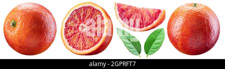 Ensemble de tranches d'orange rouge, d'orange et de feuilles d'orange. Le fichier contient des chemins d'écrêtage. Banque D'Images
