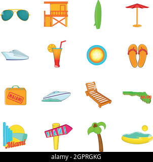 Miami, cartoon style icons set Illustration de Vecteur