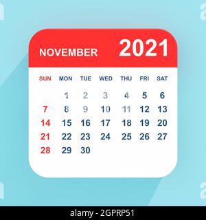 Calendrier de novembre 2021 à icône plate sur fond bleu. Rendu 3d Banque D'Images