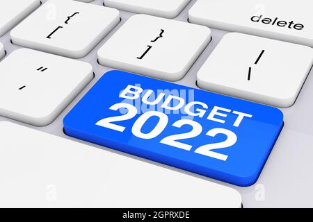 Blue Budget 2022 touche sur PC blanc clavier très gros plan. Rendu 3d Banque D'Images