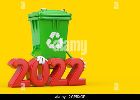 Affiche de recyclage Vert poubelle personnage de la corbeille mascotte avec affiche du nouvel an 2022 sur fond jaune. Rendu 3d Banque D'Images