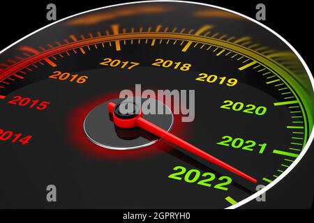 Compteur de vitesse conceptuel de la nouvelle année 2022 sur fond noir. Rendu 3d Banque D'Images