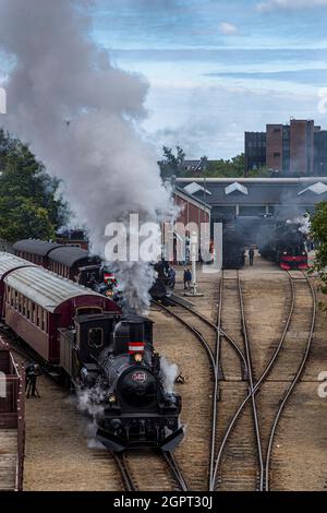 Réunion de locomotive à vapeur au Musée ferroviaire d'Odense (Jernbanemuseum) à Odense, Danemark. En raison du retard d'un an de Corona, l'événement (Dampdage, 2021) a commémoré la fin de l'opération des locomotives à vapeur danoises il y a un demi-siècle en 1970 Banque D'Images