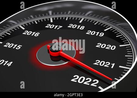 Compteur de vitesse conceptuel de la nouvelle année 2022 sur fond noir. Rendu 3d Banque D'Images