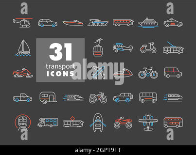 Ensemble d'icônes de vecteur de transport plat isolées sur fond sombre Illustration de Vecteur