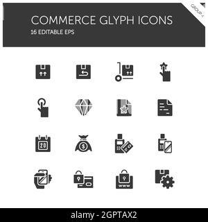 Commerce. Boîte, diamant, main, machine à glisser, sécurité, argent et groupe de calendrier. Ensemble d'icônes isolées. Illustration du vecteur glyphe Illustration de Vecteur