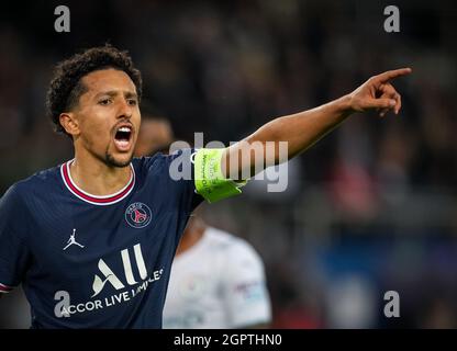 Paris, France. 28 septembre 2021. Marquinhos du PSG lors du match de l'UEFA Champions League entre Paris Saint Germain et Manchester City au Parc des Princes, Paris, France, le 28 septembre 2021. Photo d'Andy Rowland. Crédit : Prime Media Images/Alamy Live News Banque D'Images