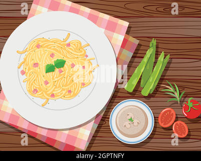 Spaghetti et soupe sur la table Illustration de Vecteur