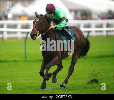 Le Genius lyrique, monté par Brian Hughes, remporte la course de Dreamland Bedding Open NH Flat Race à l'hippodrome de Warwick. Date de la photo : jeudi 30 septembre 2021. Banque D'Images