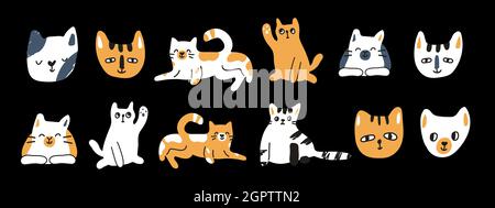 Ensemble de jolis chats vectoriels dessinés à la main. Se trouve sur le sol, se lève paw, dort, sourit. Peut être utilisé pour les livres pour enfants ou comme imprimé pour les vêtements. Illustration de Vecteur