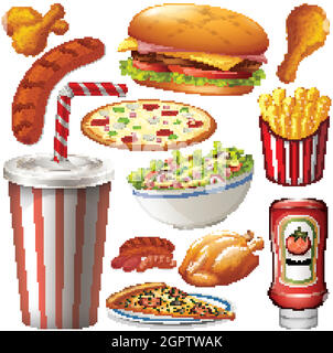Ensemble d'objets isolés thème fastfood Illustration de Vecteur