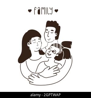 Portrait de famille mignonne vectoriel. L'homme couvre la femme et l'enfant par ses mains. Illustration noire blanche et texte de famille Illustration de Vecteur