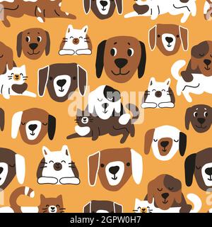 Motif puéril sans coutures pour chats et chiens mignons. Illustration vectorielle des animaux domestiques. Peut être utilisé pour les livres pour enfants ou comme imprimé pour les vêtements en jaune brun W. Illustration de Vecteur