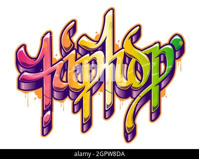 Mot hip-hop dans le style graffiti. Vecteur de texte en couleur isolé sur fond blanc. Illustration de Vecteur