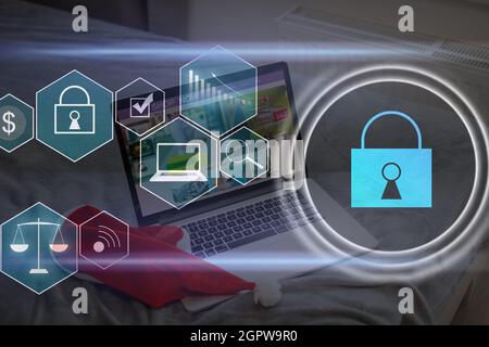 Concept de cybersécurité numérique et de protection réseau. Mécanisme de verrouillage virtuel pour accéder aux ressources partagées. Écran de contrôle virtuel interactif avec Banque D'Images