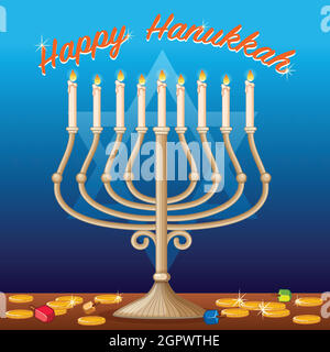 Modèle de carte Happy Hanukkah avec lumières et pièces de monnaie Illustration de Vecteur