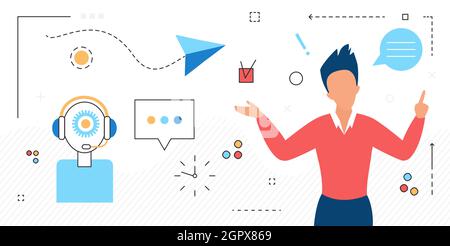 Support client dans chat Messenger, illustration de vecteur de communication d'entreprise. Messages virtuels de dessin animé provenant de contacts professionnels isolés sur blanc Illustration de Vecteur