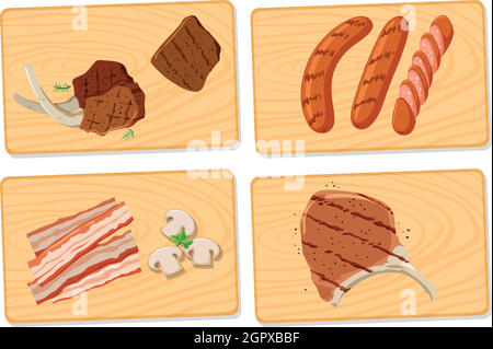 Variété de viande sur planches à découper Illustration de Vecteur