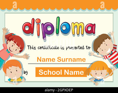 Modèle de certificat avec quatre enfants avec grand sourire Illustration de Vecteur