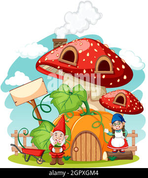 Gnomes et champignon pumkine maison style de dessin animé sur fond blanc Illustration de Vecteur