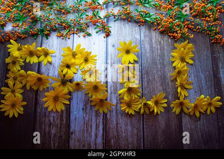 Concept d'automne, le mot « automne » est disposé avec des fleurs jaunes sur fond de bois décoré de baies Banque D'Images