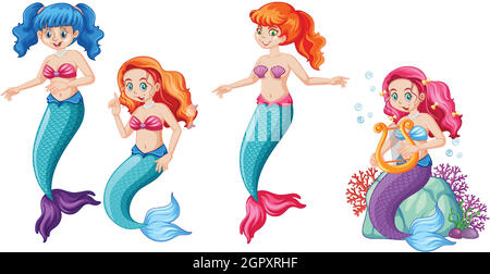 Ensemble de jolis personnages de dessin animé de mermaids sur fond blanc Illustration de Vecteur