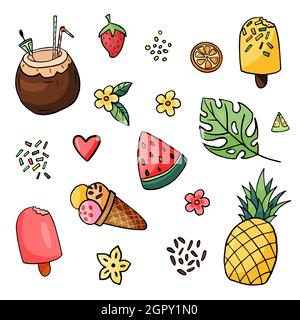 Set d'été ananas, tranche de pastèque, crème glacée Illustration de Vecteur