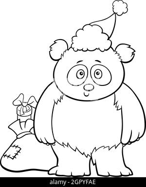 Illustration de dessin animé noir et blanc de personnage animal panda géant avec sac de cadeaux sur la page de livre de coloriage de l'heure de Noël Illustration de Vecteur