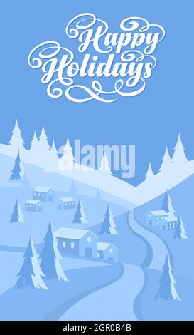 Arrière-plan paysage d'hiver avec texte Happy Holidays Illustration de Vecteur