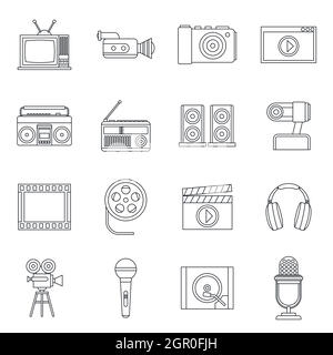 Icons set audio et vidéo, style contour Illustration de Vecteur