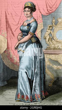 Maria Luisa d'Espagne (1782-1824). Infanta d'Espagne, Reine Consort et Regent d'Etruria (1801-1807) et Duchesse de Lucques (1815-1824). Portrait. Gravure par Capuz. Coloration ultérieure. Historia général de España par le Père Mariana. Madrid, 1853. Banque D'Images