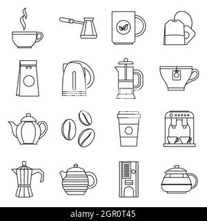 Un plateau/bouilloire icons set style du contour, Illustration de Vecteur