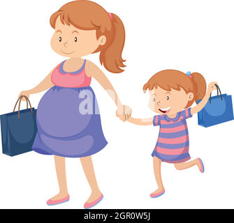 Femme enceinte et petite fille shopping Illustration de Vecteur