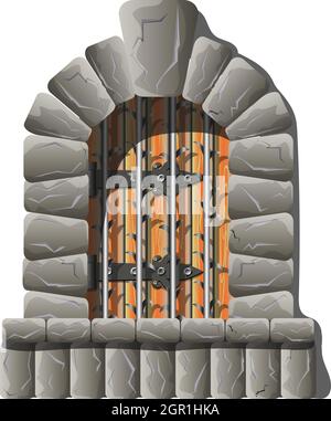 Porte médiévale du château avec dessin animé vectoriel en grille et style fairytail, réaliste et exigeant. Clip art vintage porte antique vintage charnières et solide Illustration de Vecteur