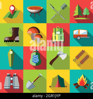 Camping icons set, style plat Illustration de Vecteur